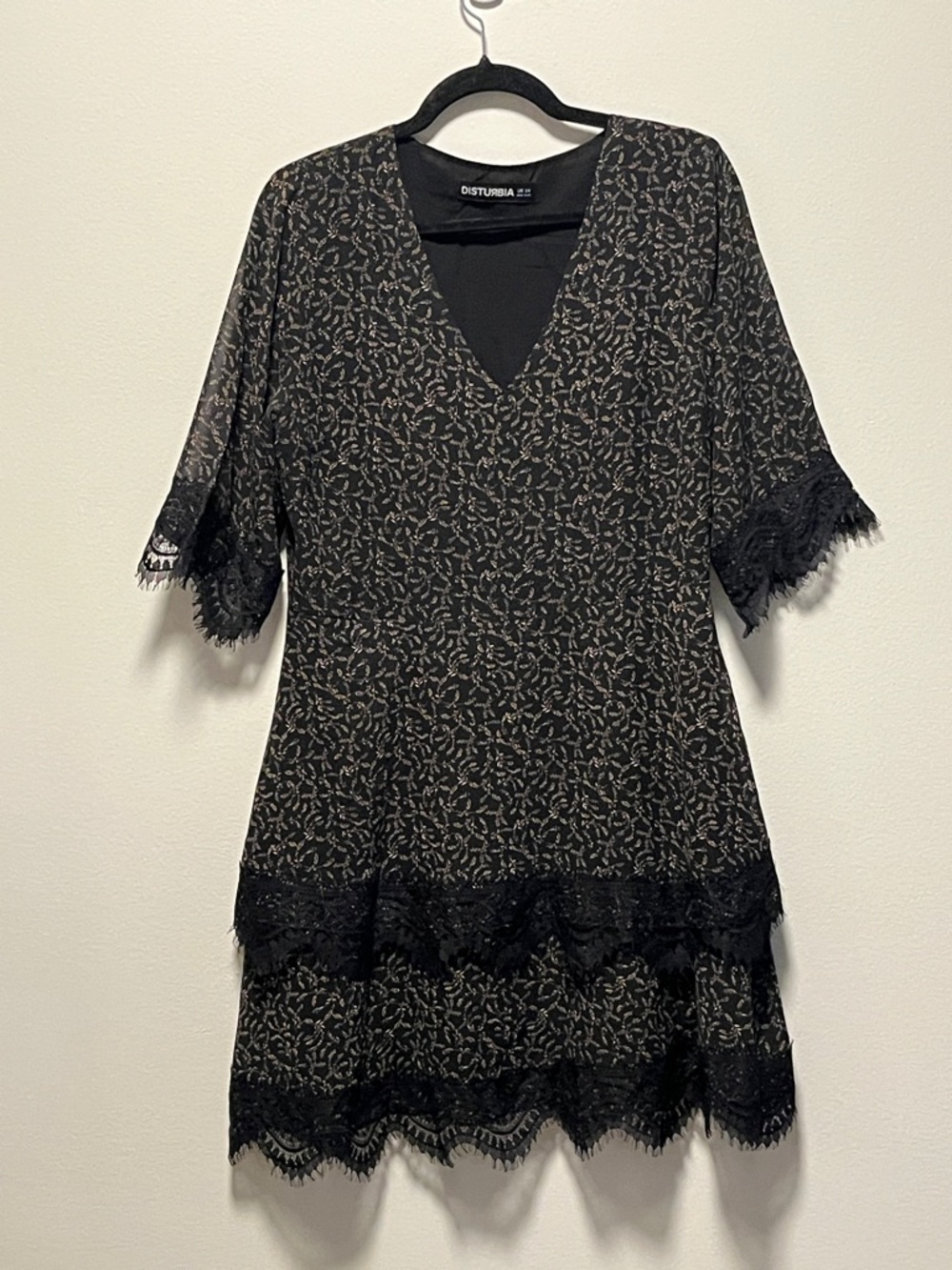 DISTURBIA Black Floral Lace Trim Mini Dress, Size 10
